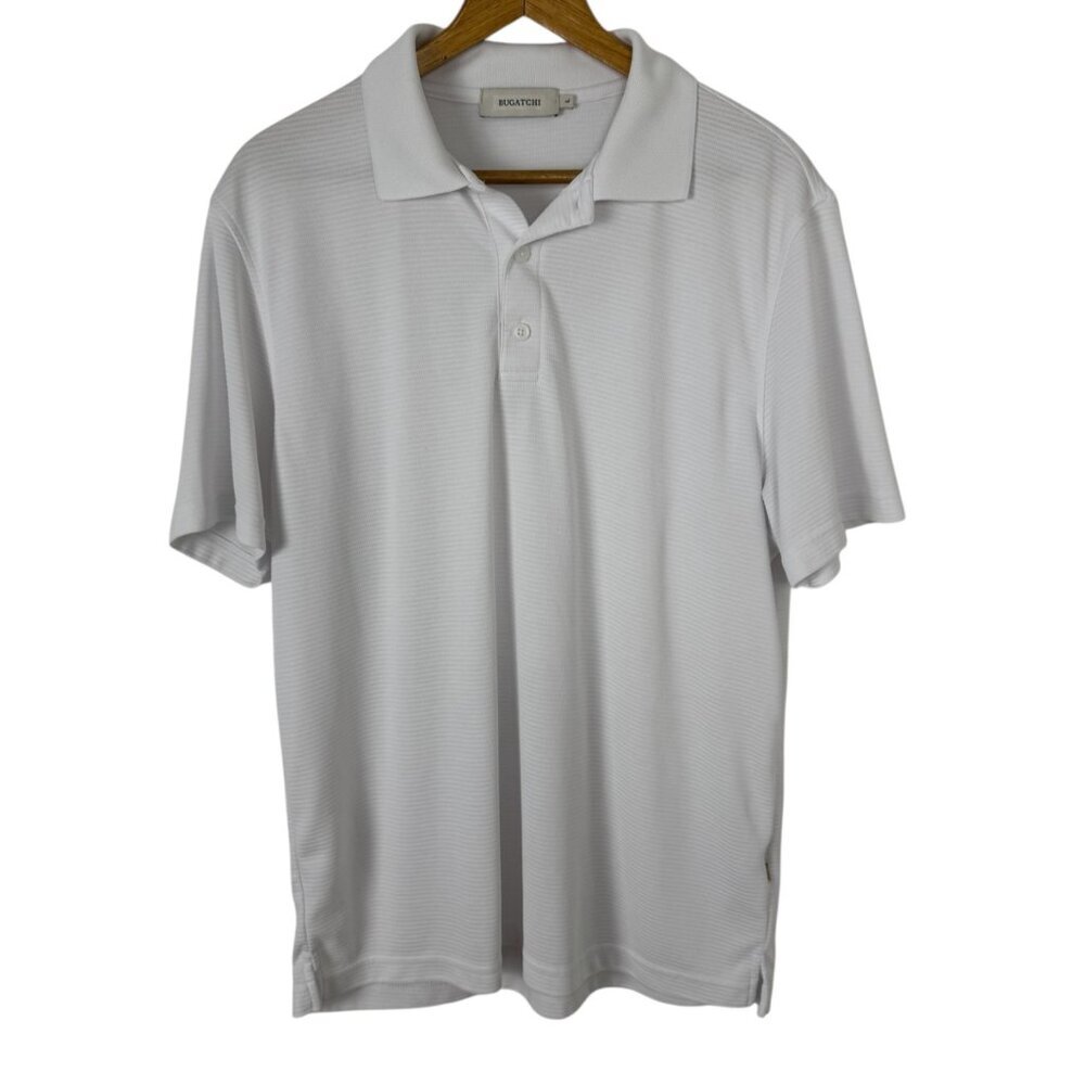 Bugatchi White Ribbed Polo Short Sleeve Shirt Men's Large Golf Casual EUC